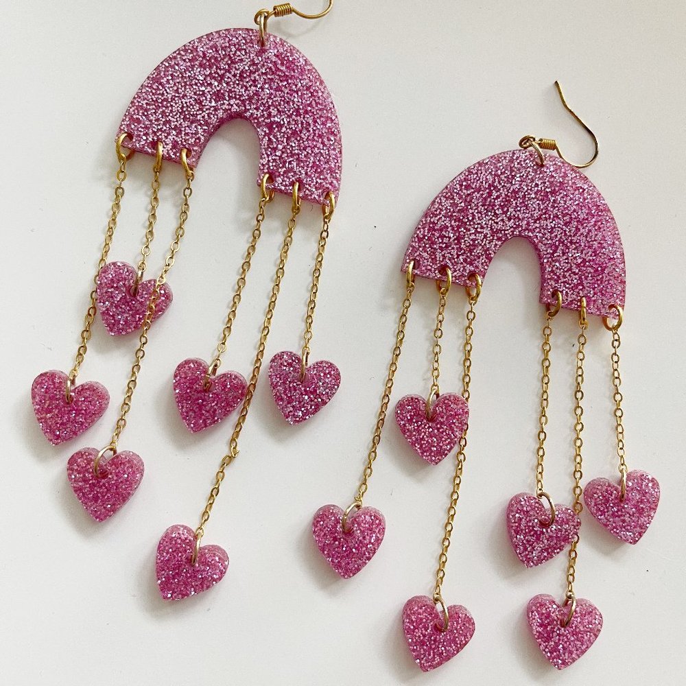 Pink Glitter Raining Hearts Earrings